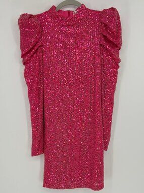 TCEC Fuchsia Pink Sequin Puff Sleeve Mini Dress Small Hoco Party Cocktail Glam